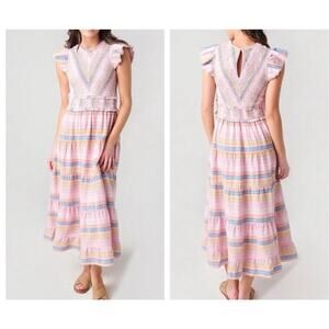 SAYLOR Alanna Dress Striped Midi Flutter Sleeve Smocked Tiered Skirt Size XS